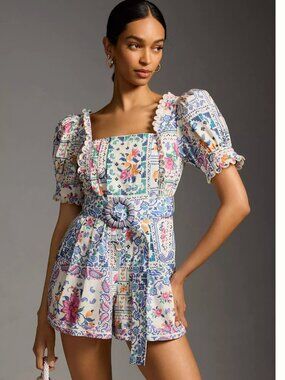 FARM Rio Romantic Bandanas Puff Sleeve Beaded Belt Romper Size XL